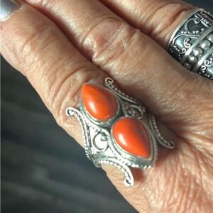 Orange Copper Turquoise Filigree Scroll 925 Sterling Silver Ring Size 9